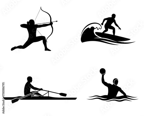 Dynamic sporting icons showcase archery, surfing, rowing, and water polo, perfect for team branding, athletic events, or recreational club promotion
