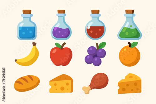 Colorful Flat Game Assets Set with Fantasy Food and Magic Potions, Cartoon Icons for RPG, Adventure, and Mobile Games, Perfect for UI, Inventory, and Casual Game Design Elements