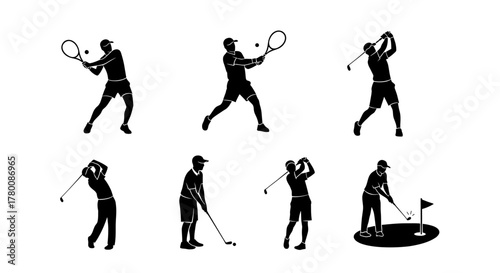 Dynamic set of sport silhouettes featuring tennis players and golfers in action, perfect for fitness, competition, or athletic designs and promotions