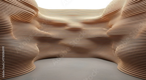 Empty square room with Abstract Architectural Detail of Curved Wooden Slats Creating Modern Rhythmic Patterns