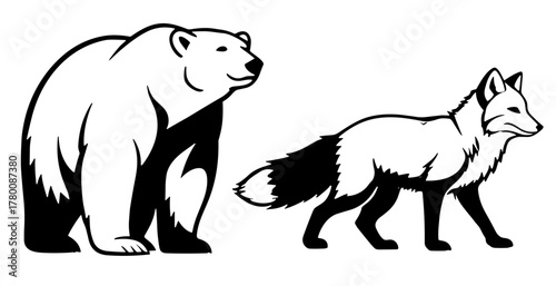 Majestic bear and cunning fox standing side by side symbolizing nature's balance and strength, ideal for wildlife conservation campaigns and educational materials