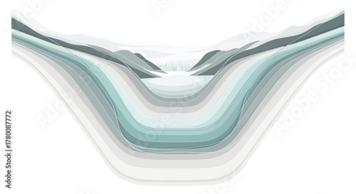 Layered paper art illustration depicts a serene valley with abstract mountains and distant forest.