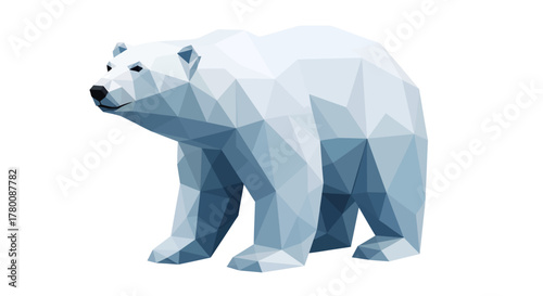 Faceted white and blue polar bear illustration standing isolated on a pure white backdrop.