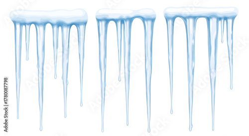 Three realistic light blue icicle formations with white snow caps isolated on white background.
