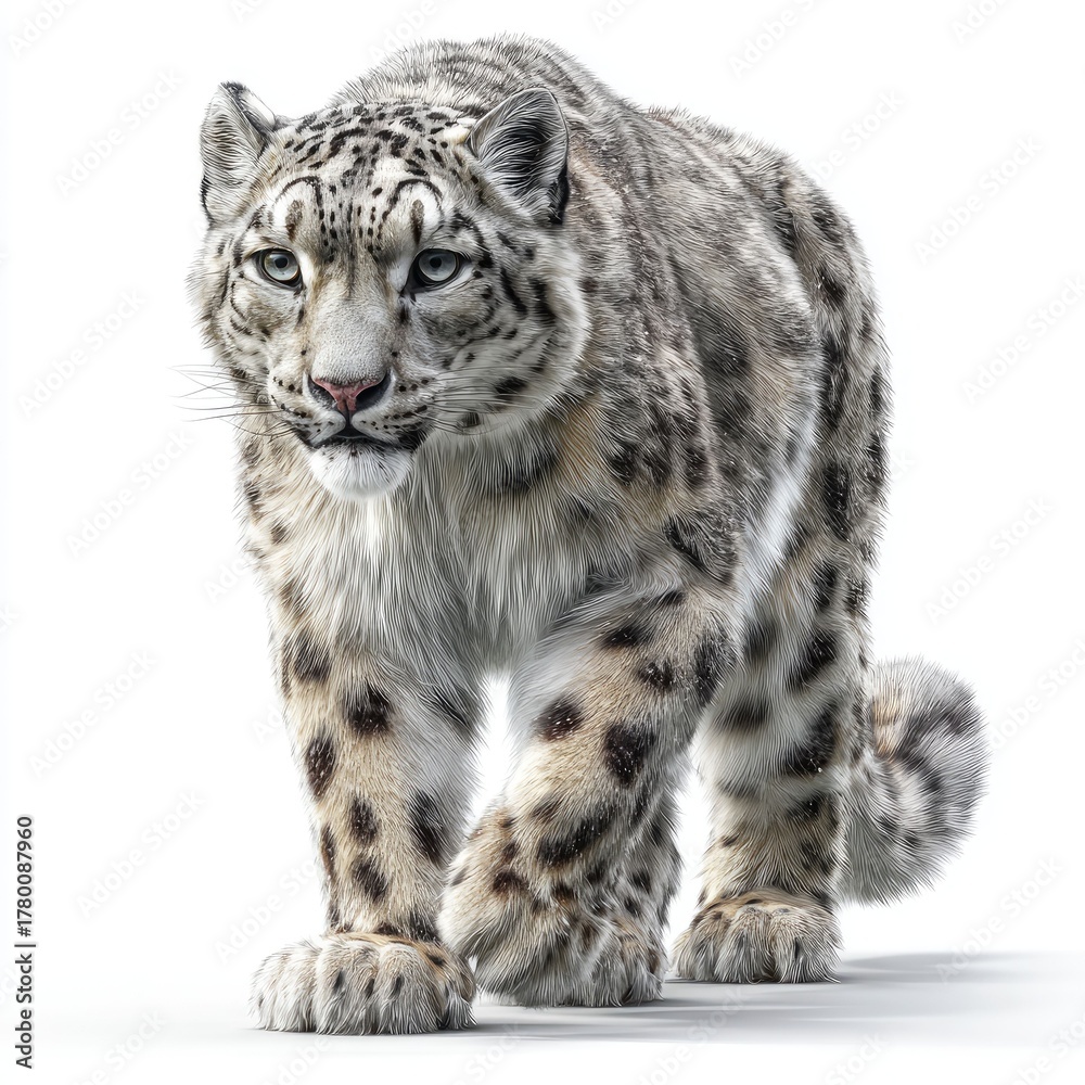 Naklejka premium Majestic snow leopard walking in snowy terrain gigapixel hyperrealistic image nature close-up perspective