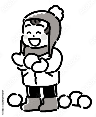 雪遊びする男の子のモノクロイラスト	