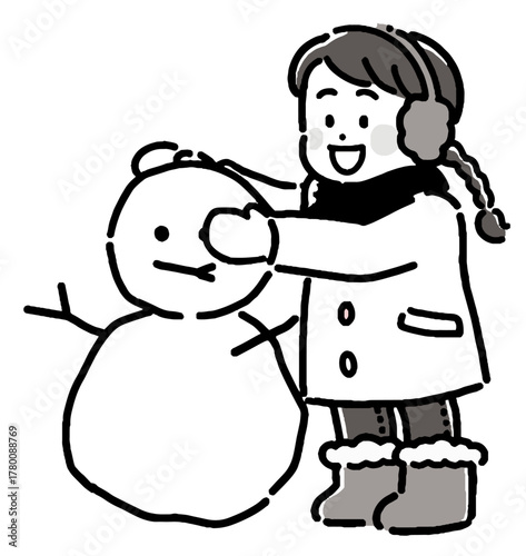 雪遊びで雪だるまを作る女の子のモノクロイラスト