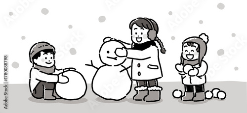 外で雪遊びする子供たちのモノクロイラスト	