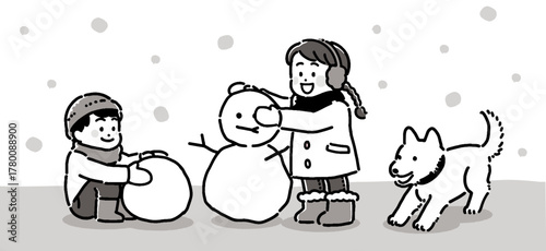 外で雪遊びする子供たちと犬のモノクロイラスト	
