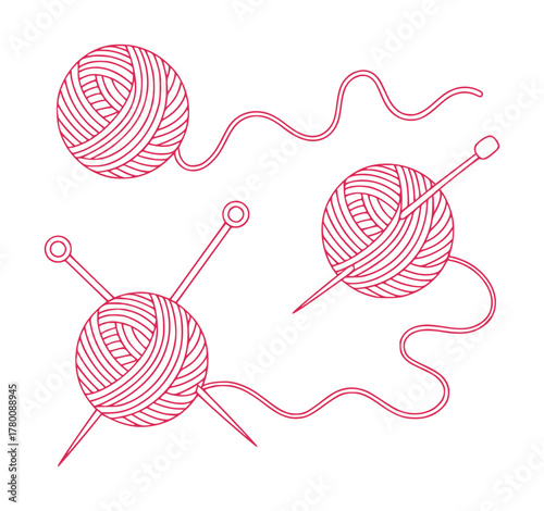 Simple Red Line Art of Yarn Balls and Knitting Needles on White Background