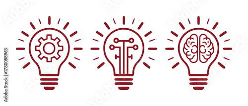 Three lightbulbs symbolizing innovation: gear, circuit board, and brain