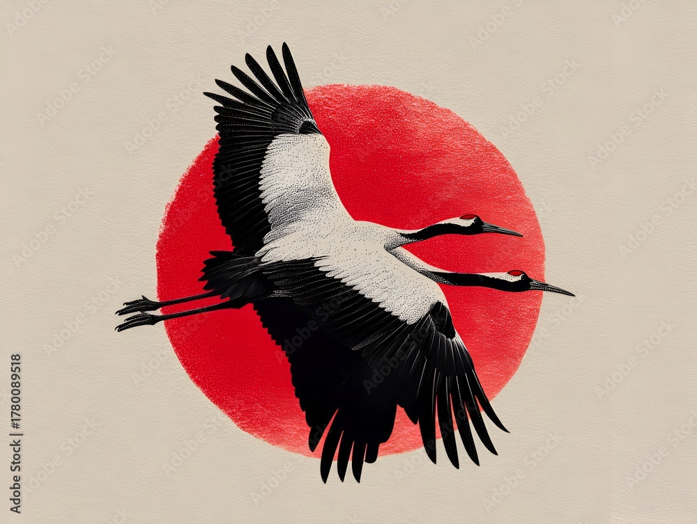 Naklejka premium Two graceful cranes soar against a vibrant red sun in a depiction of peaceful nature and beauty.