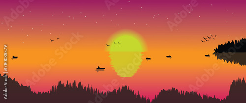 Beautiful sunset landscape illustration with boat on calm lake, mountains, Bright orange and purple sky with shining sun creates a peaceful and dreamy atmosphere. eps10.