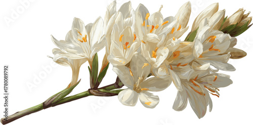 Beautiful tuberosa polyanthes flower with its stem, in clip art style, isolated on white background