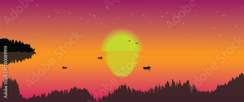 Beautiful sunset landscape illustration with boat on calm lake, mountains, Bright orange and purple sky with shining sun creates a peaceful and dreamy atmosphere.