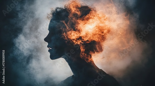 A silhouette of a woman's profile with orange and blue smoke swirling around her head.