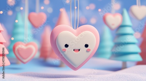 Smiling pink heart ornament in a pastel winter wonderland with trees and snow.