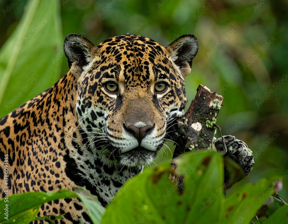 Obraz premium A close-up portrait of a majestic spotted feline in its natural habitat, partially obscured by green leaves and branches. Focus on its piercing gaze