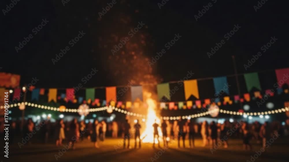 Cena de festa junina à noite com grande fogueira, bandeirinhas e silhuetas de pessoas.