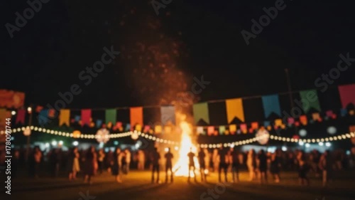 Cena de festa junina à noite com grande fogueira, bandeirinhas e silhuetas de pessoas.
