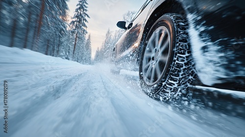 Close-up of silver alloy car wheel driving through fluffy snow, icy tire treads with flying snowflakes, dynamic winter driving scene on a snowy forest road, realistic cold blue lighting
