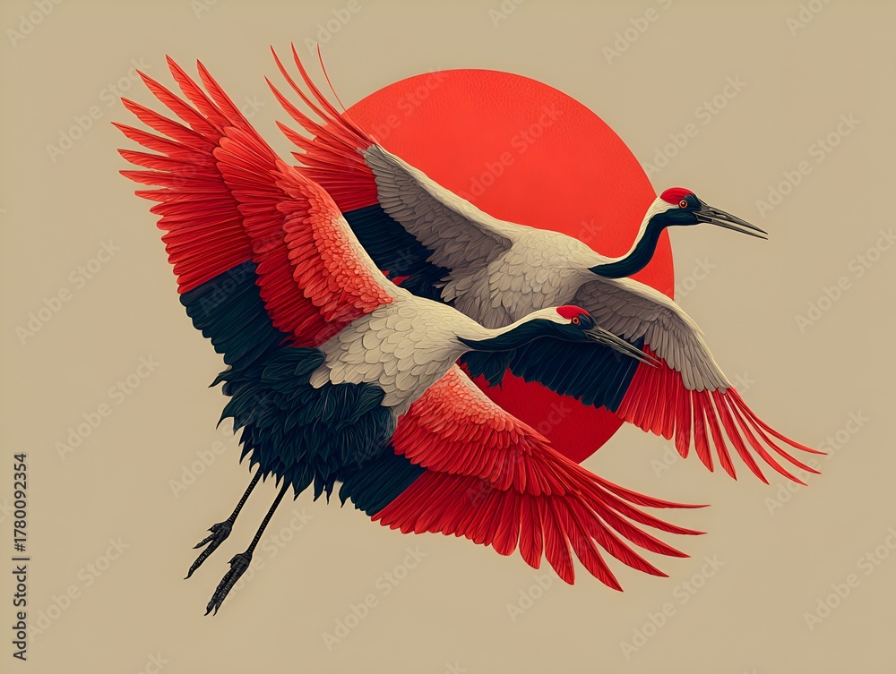Naklejka premium Two elegant Japanese red crowned cranes soar gracefully in front of a bright sun in artistic rendition.