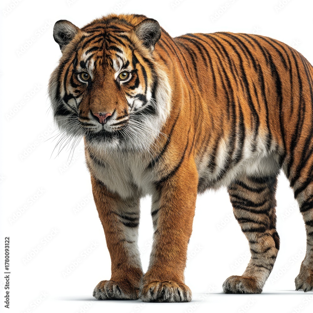 Naklejka premium Majestic tiger strolling through lush jungle gigapixel hyperrealistic image vibrant nature close-up perspective
