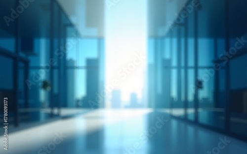 Abstract Blurred Glass Building Interior with Blue Light and Shadows, 3D Rendering Business Concept. High quality