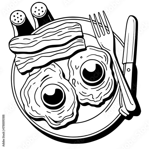 Breakfast plate with eggs, bacon, salt and pepper shakers, fork and knife illustration. Classic American morning meal line art. 