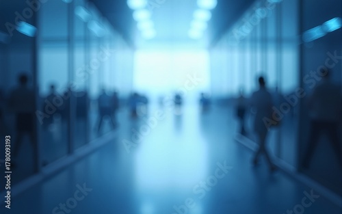 Abstract Blurred Glass Building Interior with Blue Light and Shadows, 3D Rendering Business Concept. High quality