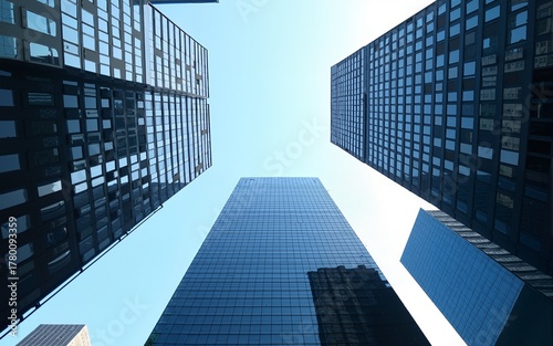 Looking up at high rise office building architecture against blue sky in the financial district of a modern metropolis, business and finance concept. High quality