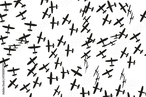 Soaring Armada: A squadron of planes streaks across the sky, their silhouettes a testament to the marvels of flight. Witness the boundless possibilities of travel.