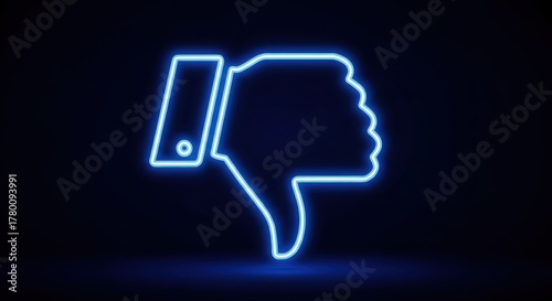 Bright blue neon thumbs down symbol glowing against dark background