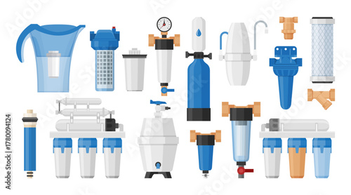 A range of water filters consisting of various components and accessories, such as cartridges, multi-layer filters and purification systems, designed to produce clean, fresh water.