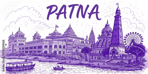 Patna City Skyline Line Art Showing Gandhi Maidan, Patna Museum, and Ganga Ghats | Travel Print and Marketing Use