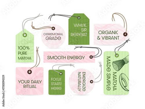 Colourful labels showcase the various aspects of matcha, highlighting its organic quality, ceremonial value, and the energetic rituals it inspires in daily wellness practices.