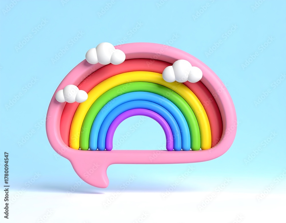 Fototapeta premium A Pink Speech Bubble Shape Containing a Colorful Rainbow and Fluffy Clouds in a 3D Render