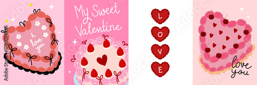 Happy Valentine's Day card with cute sweet cake, heart strawberry, chocolate and cream. Love holidays dessert. -Vector