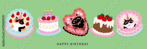 Happy birthday greeting card with cute strawberry, chocolate cake and cat. Dessert and animal cartoon characters. -Vector