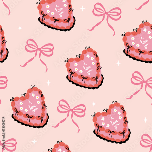 Pink coquette bow and cute heart cake seamless pattern background. Valentine's day sweet elements wallpaper. -Vector