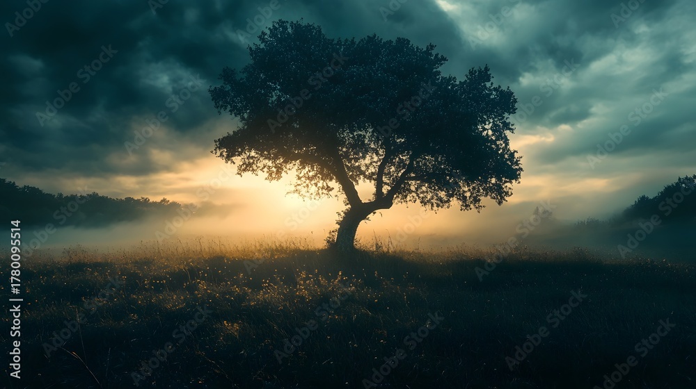 Naklejka premium A solitary tree stands tall against a dramatic sky, bathed in the golden light of the setting sun. The fog rolls in, creating a mystical and atmospheric scene.