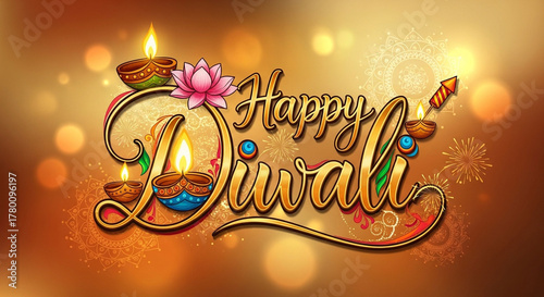 happy diwali celebration greeting card with diya lamps, lotus flower, and golden bokeh background