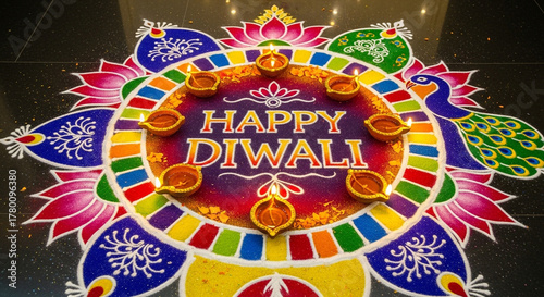 vibrant happy diwali greeting rangoli design with diya lamps, peacock, and flowers