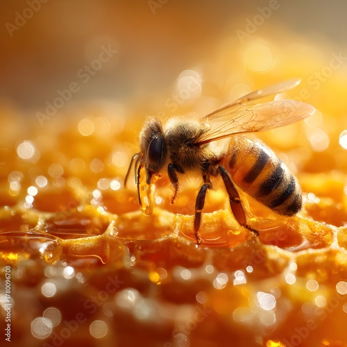 Artistic high‑resolution still of a rugged natural honeycomb with honey glistening in each cell, close‑up view of beeswax structure, rich amber liquid, dramatic macroclose up of honey bee on honeycomb