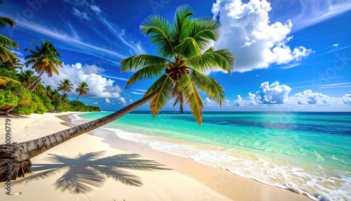 Fototapeta Naklejka Na Ścianę i Meble -  Tropical island paradise with leaning palm tree casting shadow on white sand beach and clear turquoise ocean waves under a bright blue sky with scattered clouds