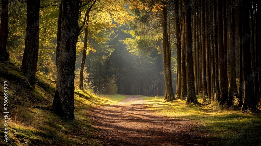 Obraz premium A sunlit path winds through a dense forest, dappled with golden light.