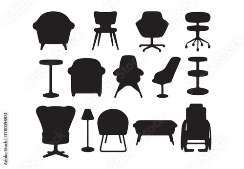 Furniture Silhouette Collection, Chairs, Tables, Sofas, and Interior Design Icons.