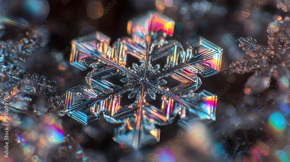 Naklejka premium Macro Close-up of Iridescent Snowflake Crystal Structure with Rainbow Light