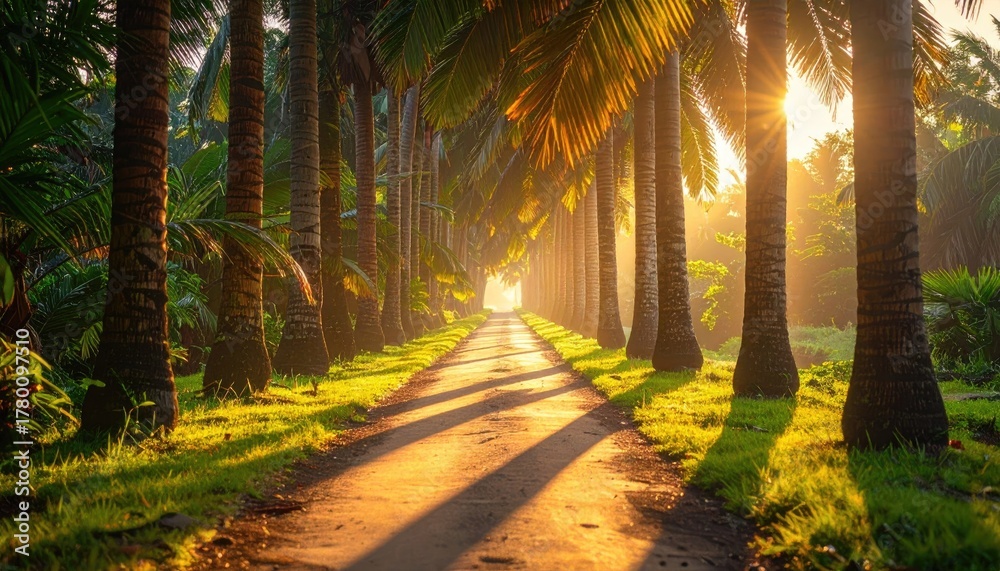 Naklejka premium Tropical Palm Tree Avenue Bathed in Golden Sunset Light Casting Long Shadows on Dirt Path Lush Greenery