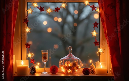 Garlands decoration on the window. New Year making glass. Look up at the top. High quality